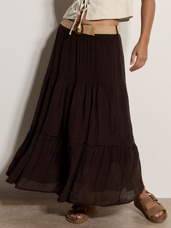 Tiered Midi Skirt, Brown, large