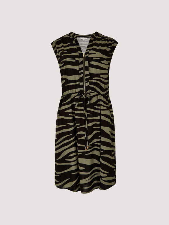 Zebra Print Zip Through Mini Dress, Khaki, large