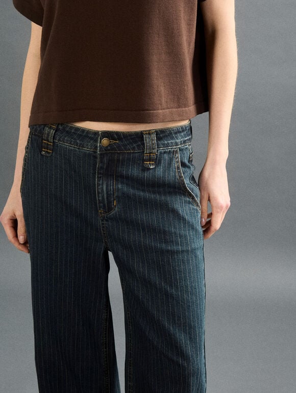 Pinstripe Wide-Leg Denim Jeans, Navy, large