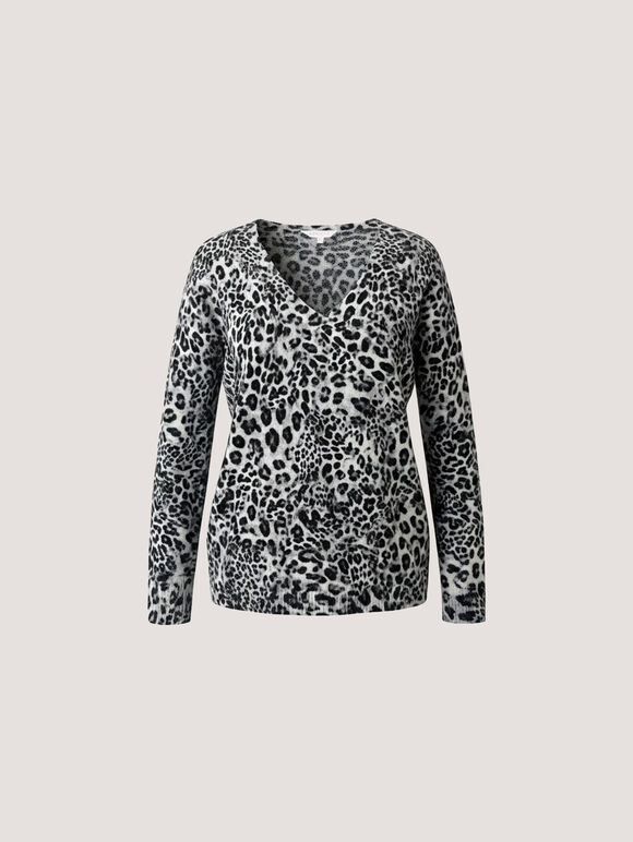 Leopard Print Lightweight Ribbed Jumper, Light Grey, large