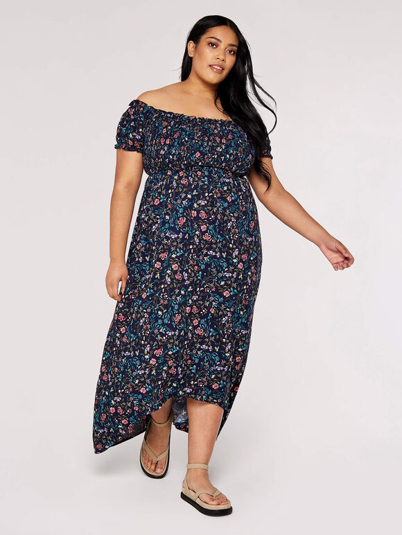 Curve Floral Bardot Midi Dress, Navy, large