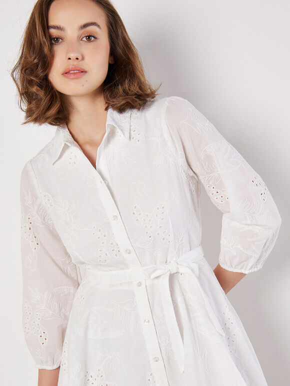 Tropical Embroidered Shirt Mini Dress, White, large