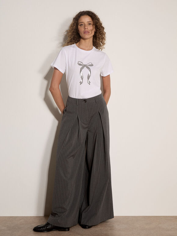 Wide-Leg Pleat Pinstripe Trousers, Grey, large