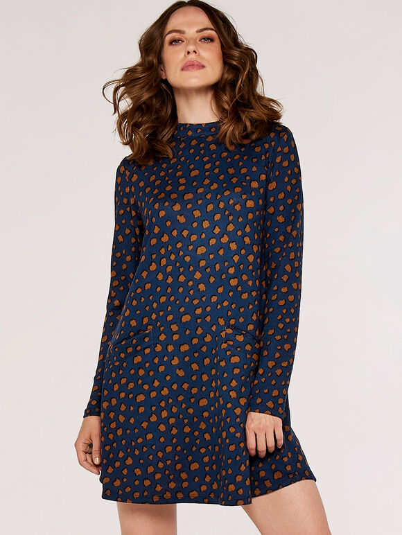 Dot High Neck Dress, Navy, large