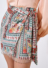 Tropical Print Beaded Wrap Mini Skirt, Mint, large