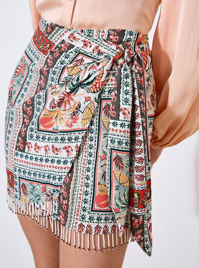 Tropical Print Beaded Wrap Mini Skirt