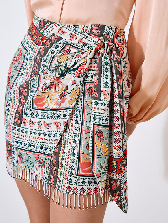 Tropical Print Beaded Wrap Mini Skirt, Mint, large
