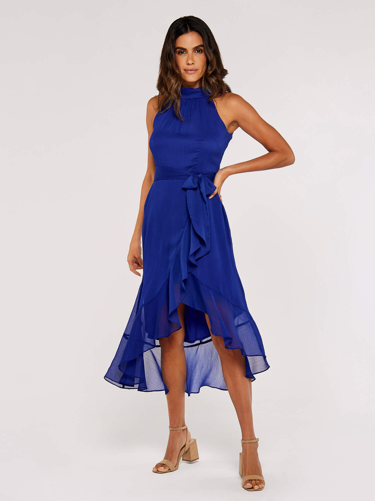 Halter Neck Ruffle Mini Dress Apricot Clothing