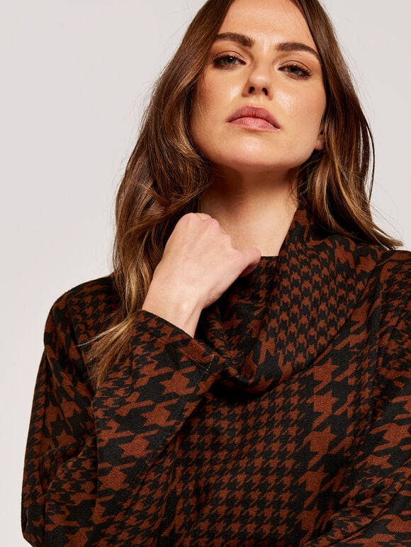 Patchwork Dogtooth Cowl Neck Top, Rust, large