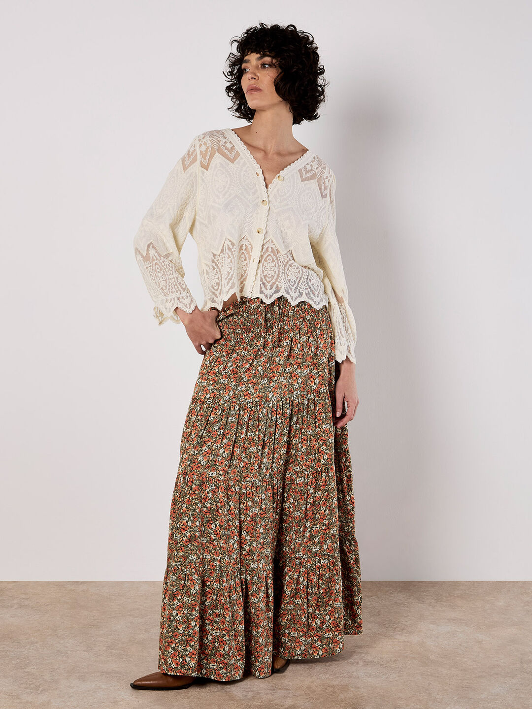 Image of Khaki Ditsy Floral Tiered Skirt Co-ord