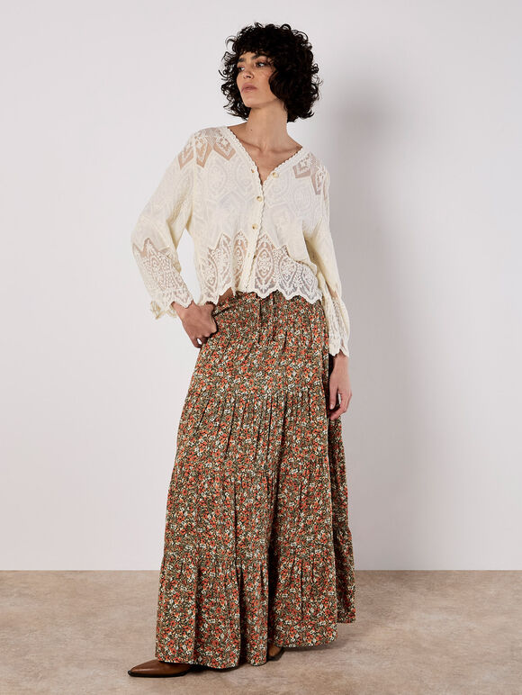 Ditsy Floral Tiered Maxi Skirt, Khaki, large