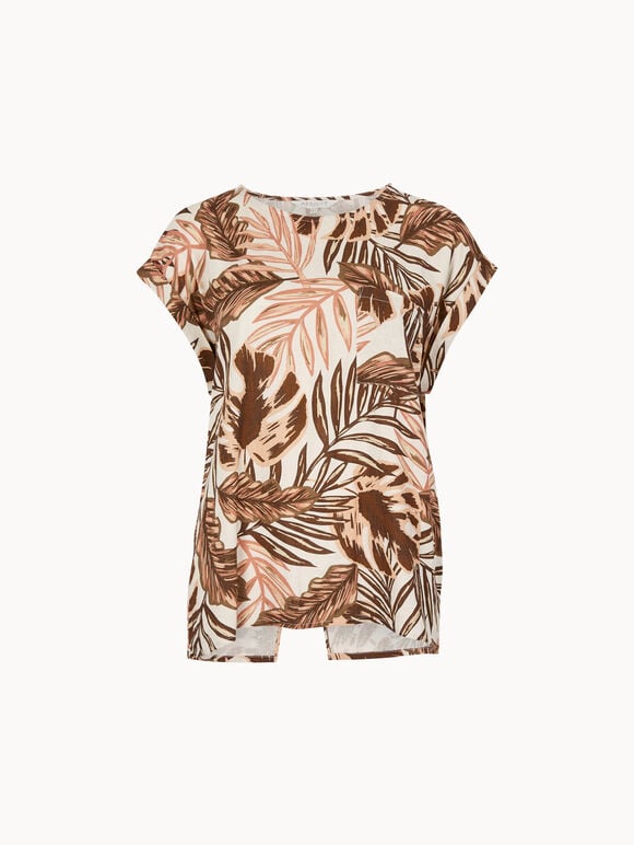 Tropical Leaf Linen Blend T-Shirt, Brown, large