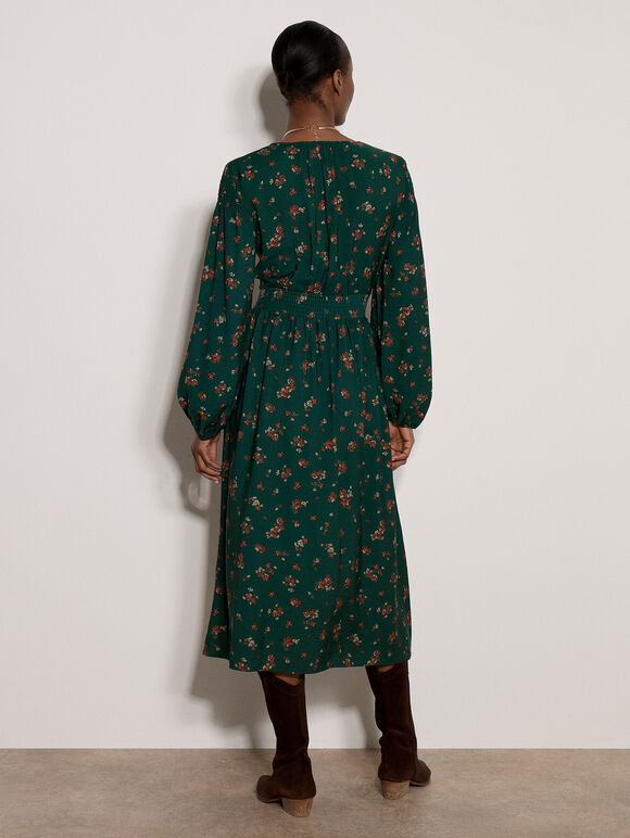 Vintage Floral Smocked Midi Dress, Pine Green, large