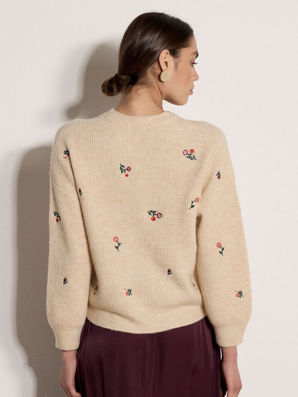 Floral Embroidered Jumper, Stone, large
