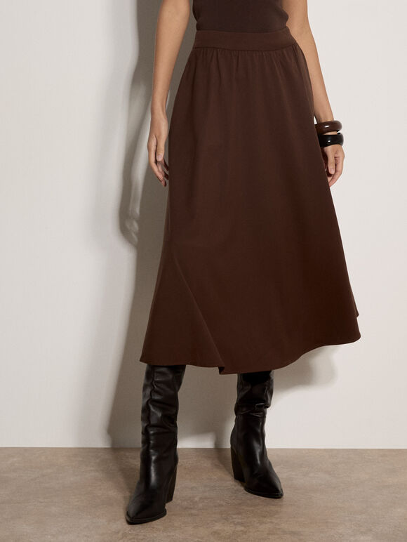 Brushed Twill A-Line Midi Skirt, Brown, large