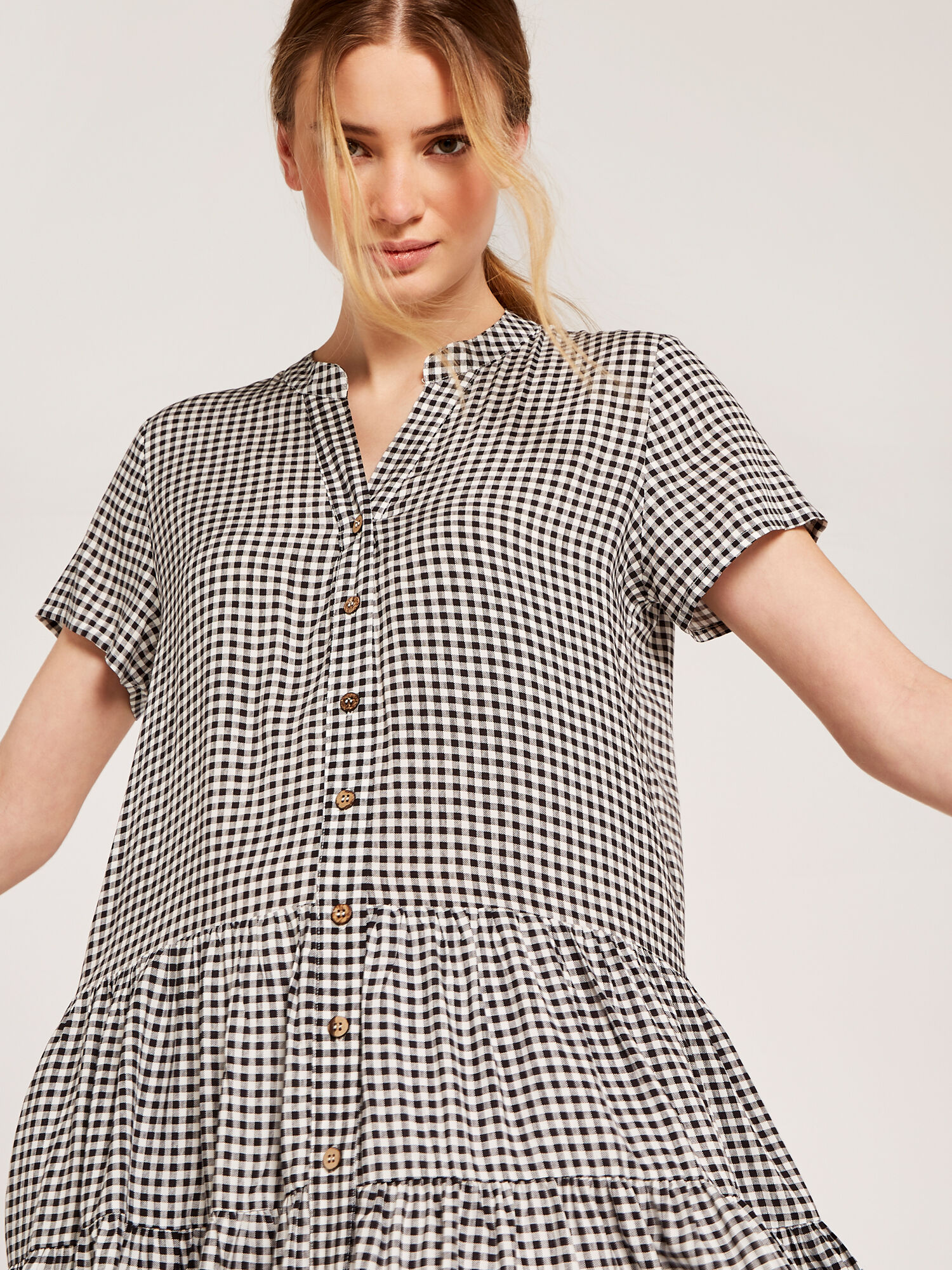 Mini Gingham Shirt Tiered Dress Apricot Clothing