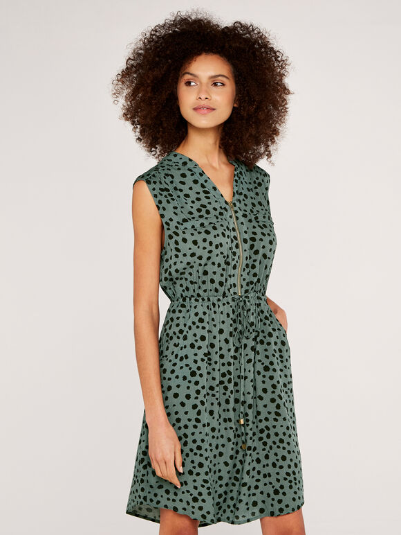 Painterly Dot Zip Front Dress, Khaki, large