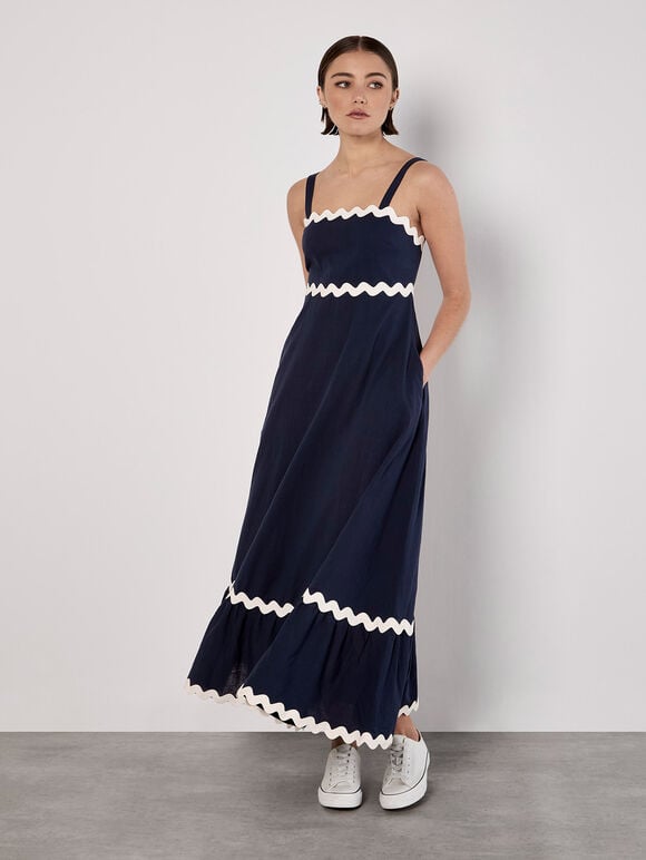 Ric Rac Trim Cotton Midaxi Dress
, Navy, large