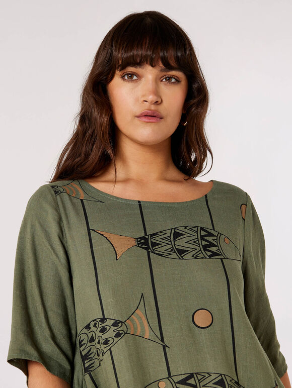 Printed Cocoon Midi Dress, Khaki, large