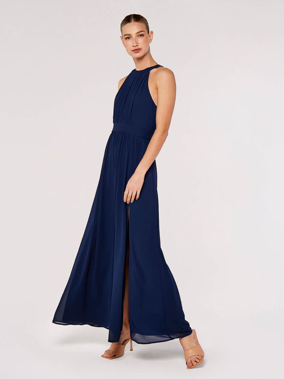 Halter Neck Split Maxi Dress, Navy, large