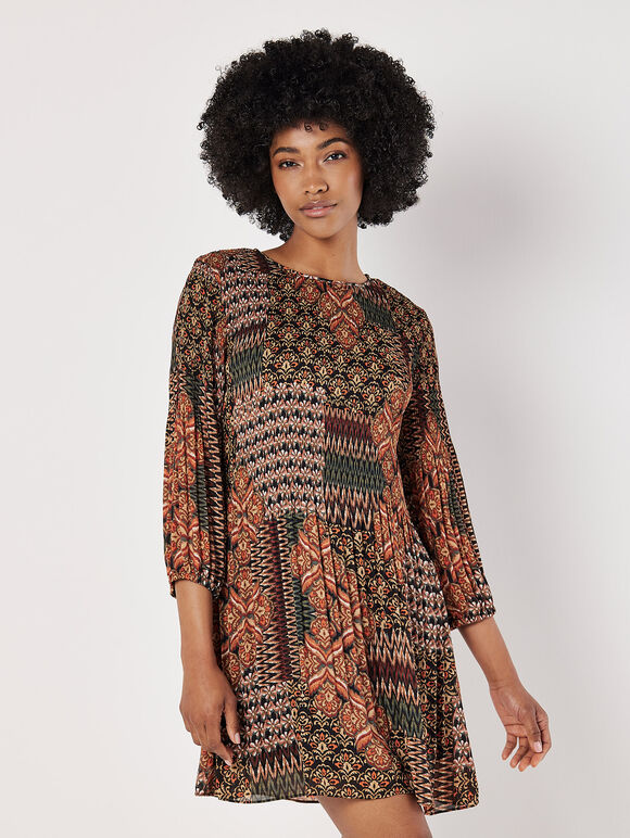 Patchwork Plisse Mini Dress, Khaki, large