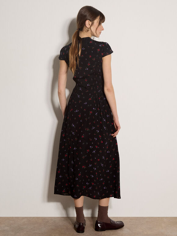 Floral Crepe Smocked Midi Dress, Black, large