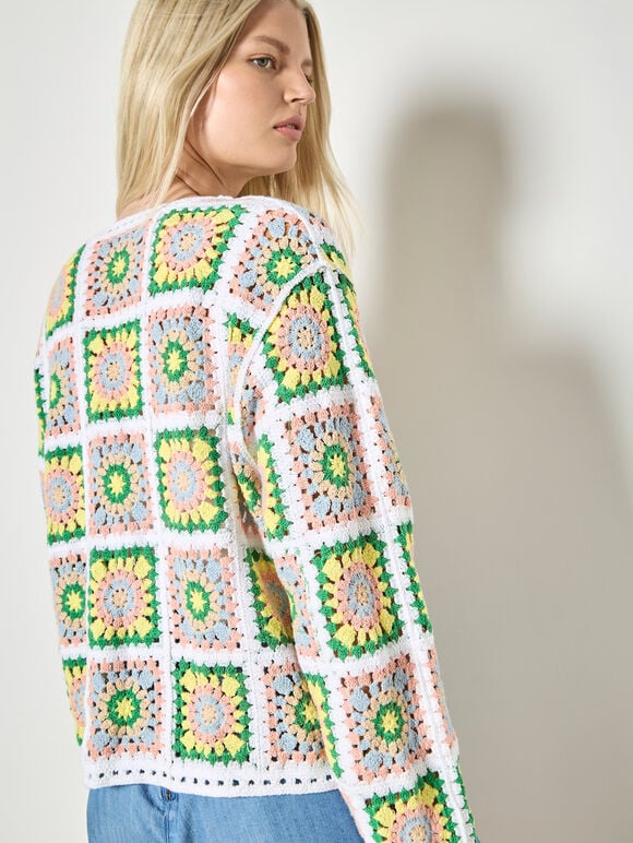 Pastel Floral Crochet Cardigan, Yellow, large