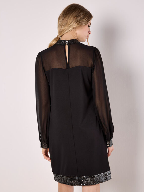 Sequin Trim Shift Mini Dress, Black, large