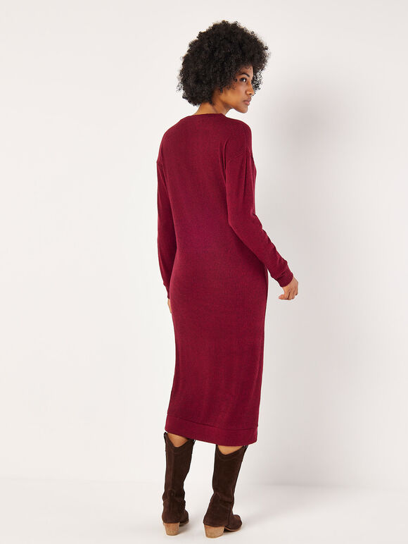 Ribbed Knit Midi Dress, Burgundy, large