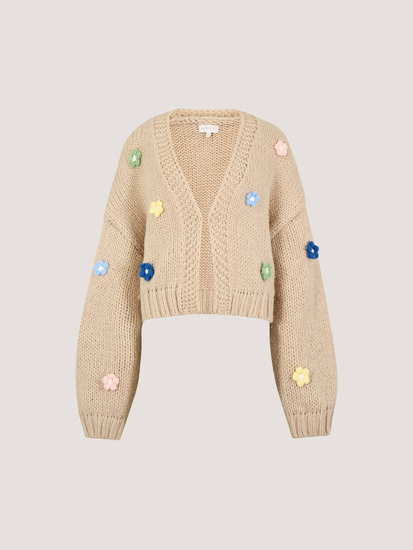 Applique Daisies Chunky Knit Cardigan, Stone, large