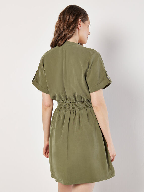 Zip-Down Utility Mini Dress, Khaki, large