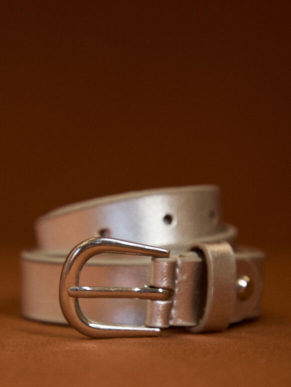 Thin Leather Buckle Belt, Silver, large