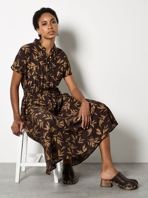 Textured Leaf Shirt Midi Dress, Brown, large