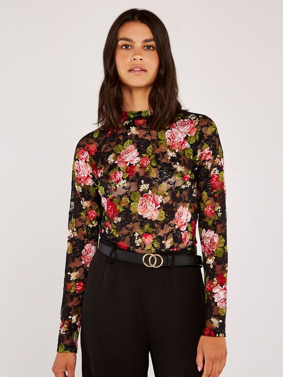 Pink Roses Lace High Neck Top, Black, large