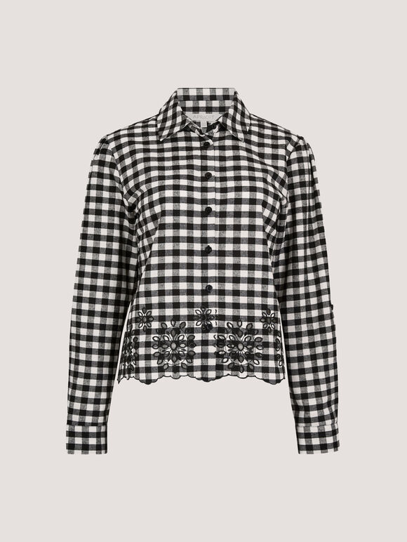 Gingham Embroidered Hem Shirt, Black, large