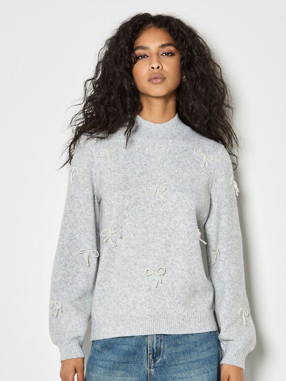 Pearl Bow Embellished Jumper, Grey, large