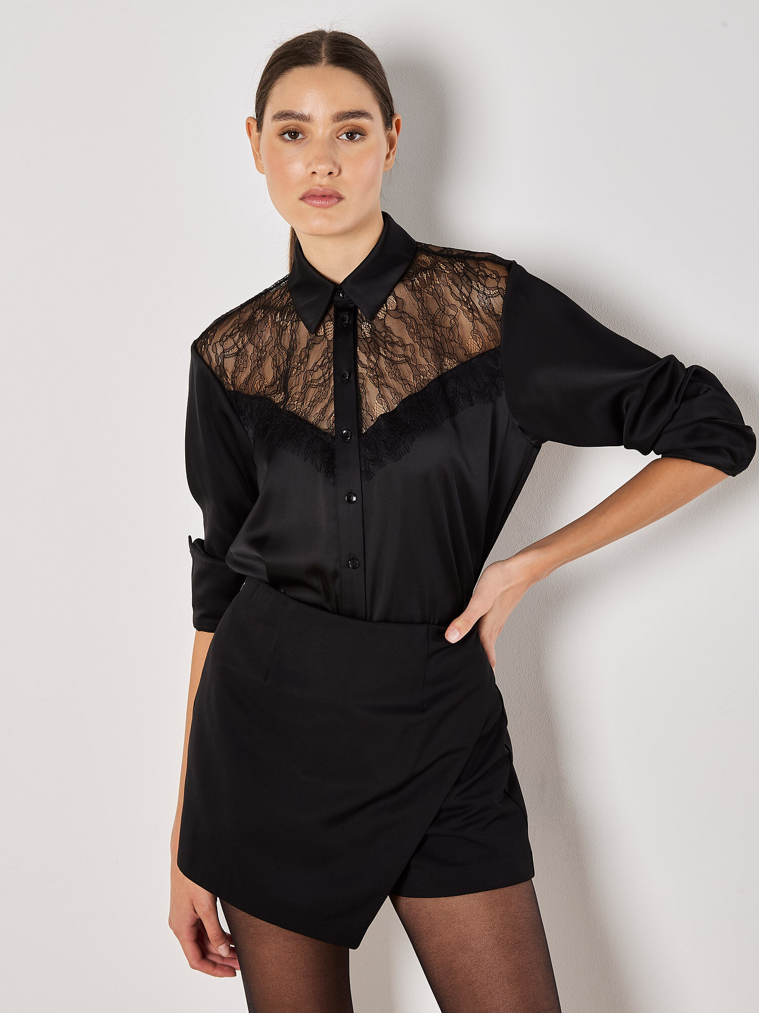 Lace Insert Oversized Satin Shirt | Apricot Clothing