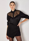 Lace Insert Oversized Satin Shirt, Black, large