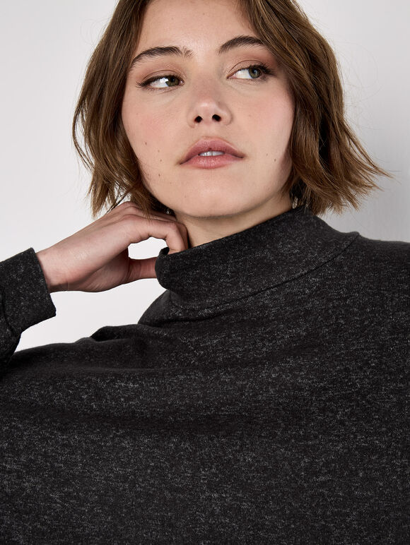 Mock Neck Oversized Soft Knit Top, Dark Grey - Charcoal, large