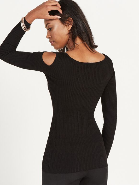 Ribbed Cold Shoulder Jumper, Black, large