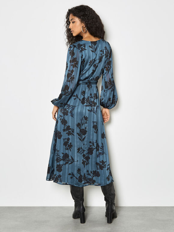 Satin Shimmer Floral Wrap Midaxi Dress, Blue, large