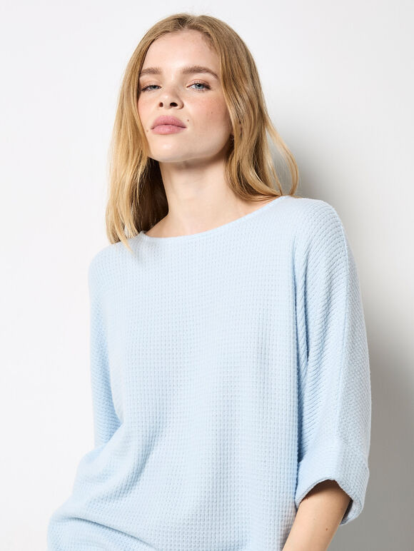 Soft-Touch Batwing Waffle Knit Top, Blue, large