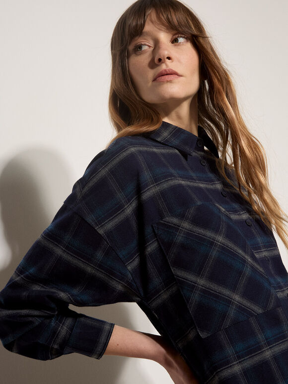 Oversized Check Print Shirt, Navy, large