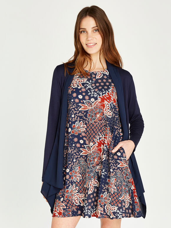 Batik Tribal Floral Skater Dress, Navy, large