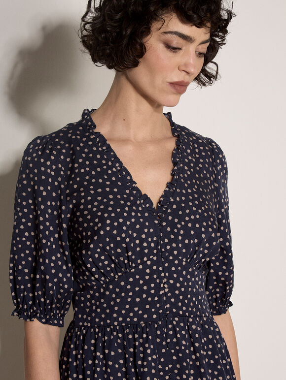 Polka Dot Ruffle Midi Dress, Navy, large