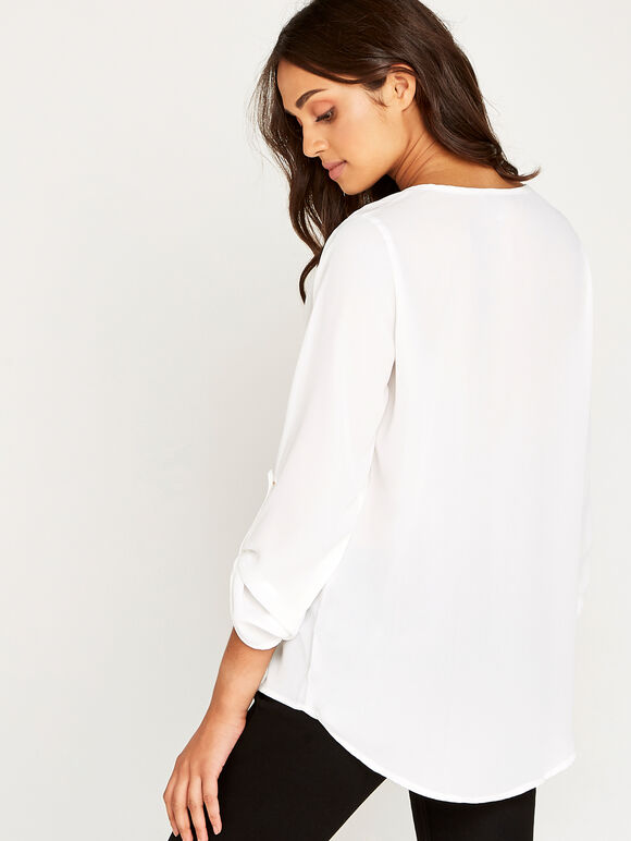 Zip Front Silky Crepe Top, Cream, large