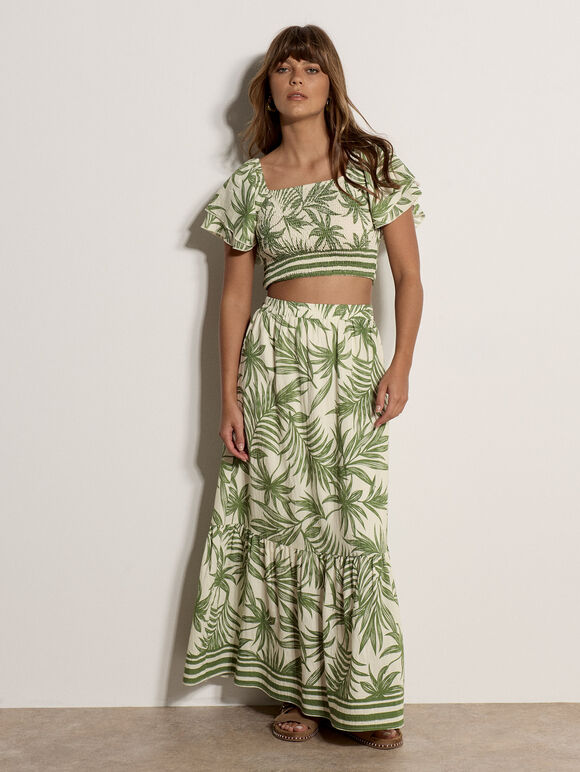 Palm Print Midi Skirt, Cream, large