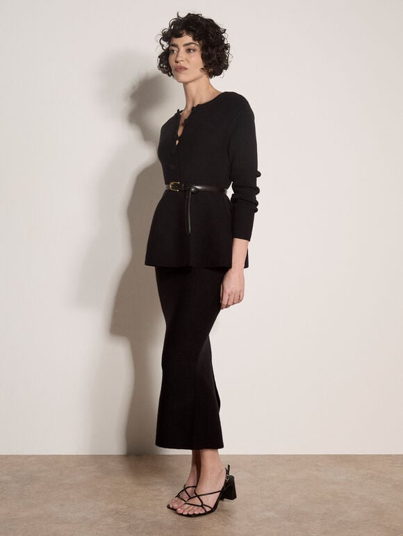 Peplum Hem Rbbed Knit Cardigan, Black, large