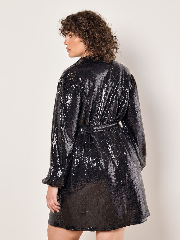 Curve Sequin Shirt Mini Dress, Black, large