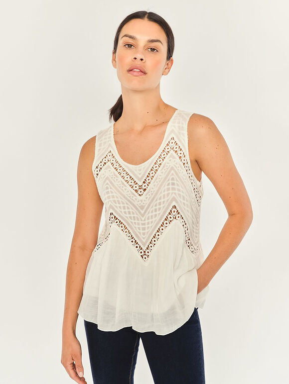 Zigzag Crochet Shimmer Slub Top, Cream, large